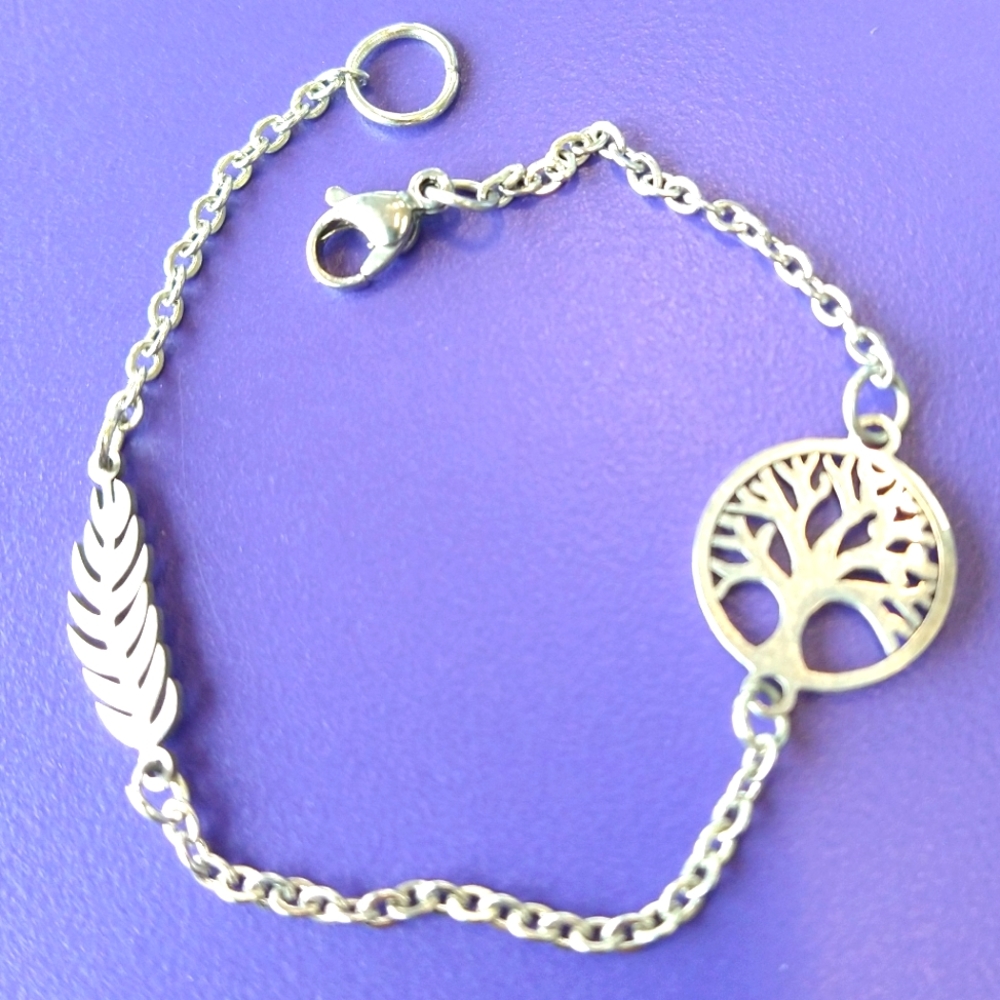 Tree of Life & Feather Charm Bracelet SS Stainless Steel Silver Deck Your Wrist